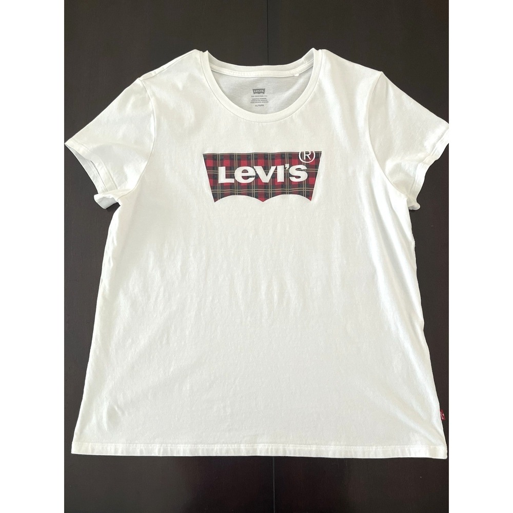 Levi's Women's T-Shirt, Size XL, White, Crew Neck Plaid Logo Short Sleeve Cotton